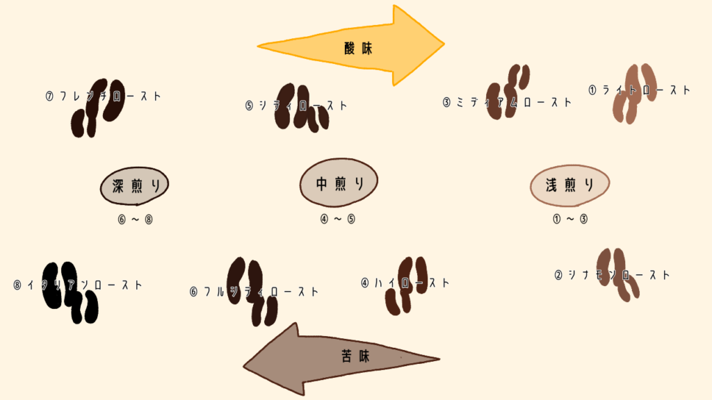 コーヒー　焙煎度合い　違い　味　ライト　シナモン　ミディアム　ハイ　シティ　フルシティ　フレンチ　イタリアン　ロースト