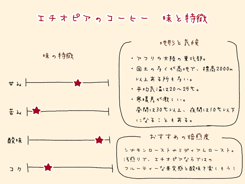 エチオピア　コーヒー　味　特徴　おすすめ　フードペアリング　気候　地形　焙煎度　まとめ